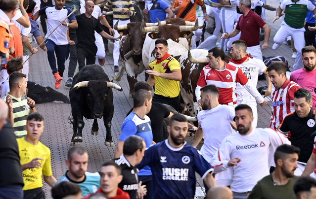 People take part at the second day run of the San Sebastian de los Reyes festival in Madrid, Spain on August 29, 2023. About 3,500 people ran in front of the bulls in the run, which lasted about 1 minute and 39 seconds in San Sebastian de los Reyes district. (Photo by Burak Akbulut/Anadolu Agency via Getty Images)