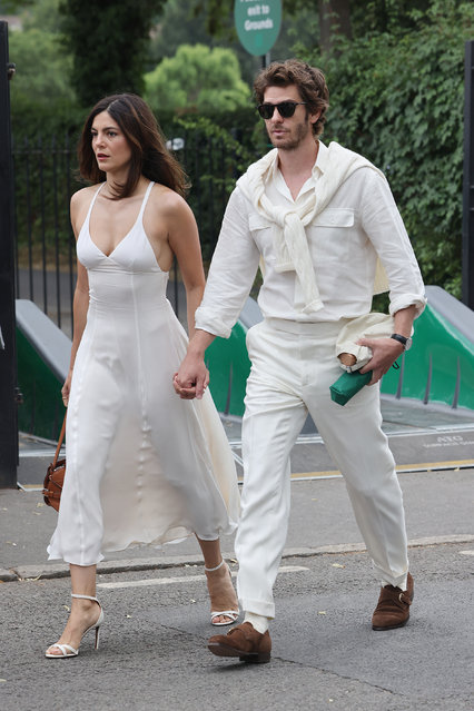 American actress Monica Barbaro and English and American actor Andrew Garfield arrive at All England Lawn Tennis and Croquet Club on July 06, 2025 in London, England. (Photo by Neil Mockford/GC Images)
