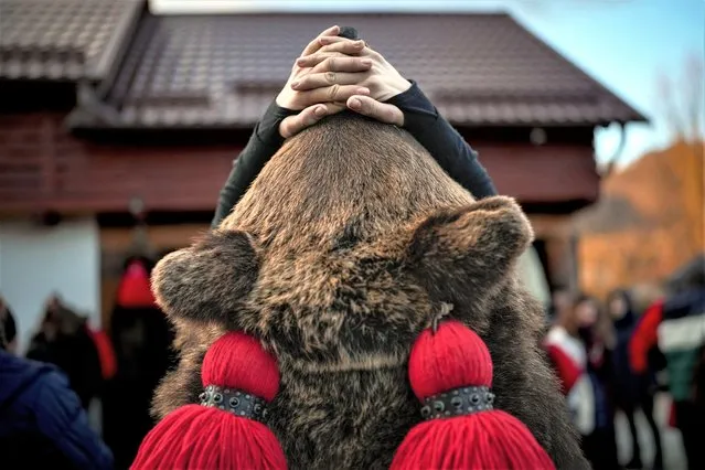 A boy wearing a bear fur costume waits for the start of a parade showcasing regional winter traditions in Comanesti, northeastern Romania, Friday, December 30, 2022. Every year on Dec. 30 bear hundreds of people dressed as bears, from toddlers to adults, fill the main street growling as they dance or jokingly simulating aggressive moves towards the many onlookers. (Photo by Andreea Alexandru/AP Photo)