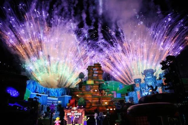 Fireworks show during the “SUPER NINTENDO WORLD” welcome celebration at Universal Studios Hollywood on February 15, 2023 in Universal City, California. (Photo by Rodin Eckenroth/Getty Images)