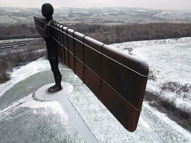 A general view of the Angel of the North in Gateshead on Monday, December 12, 2022. Snow and ice have swept across parts of the UK, with cold wintry conditions set to continue for days. (Photo by Owen Humphreys/PA Images via Getty Images)