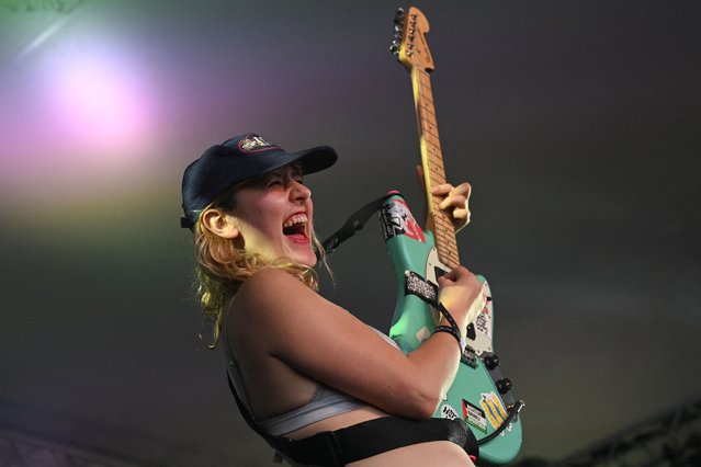 A member of Lambrini Girls performs at the BBC Introducing Stage at Glastonbury Festival at Worthy Farm in Pilton, Somerset, Britain, on June 27, 2025. (Photo by Jaimi Joy/Reuters)