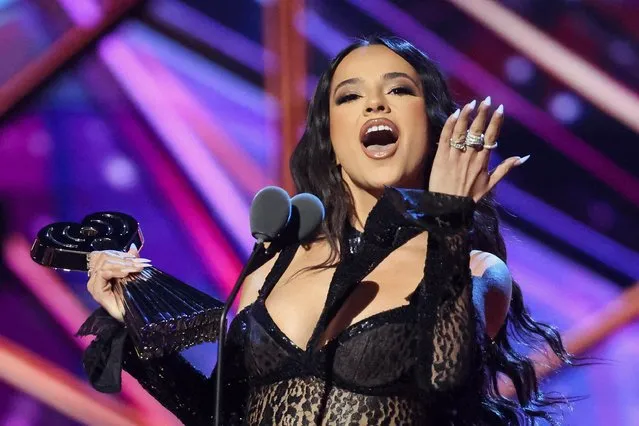 American singer Rebbeca Marie Gomez, known professionally as Becky G accepts the “Latin Pop Song of the Year” award at the iHeartRadio Music Awards in Los Angeles, California, U.S. March 27, 2023. (Photo by Mario Anzuoni/Reuters)