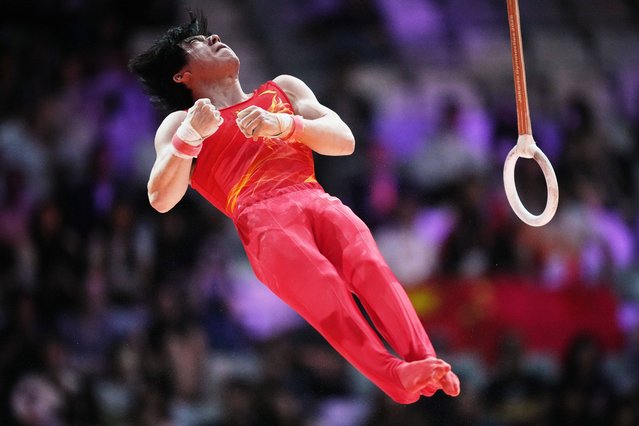 Zhang Boheng of China competes in the men's rings final during the 53rd Artistic Gymnastics World Championships in Jakarta, Indonesia, Friday, October 24, 2025. (Photo by Achmad Ibrahim/AP Photo(
