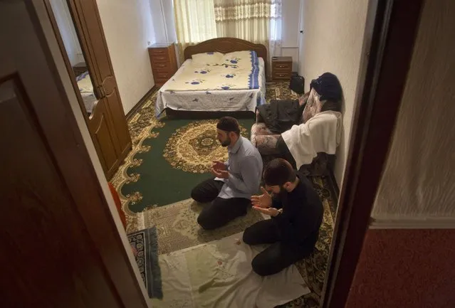 Anzor and Salakhutdin, students at the Russian Islamic University, pray in their flat in the Chechen capital Grozny April 23, 2013. (Photo by Maxim Shemetov/Reuters)