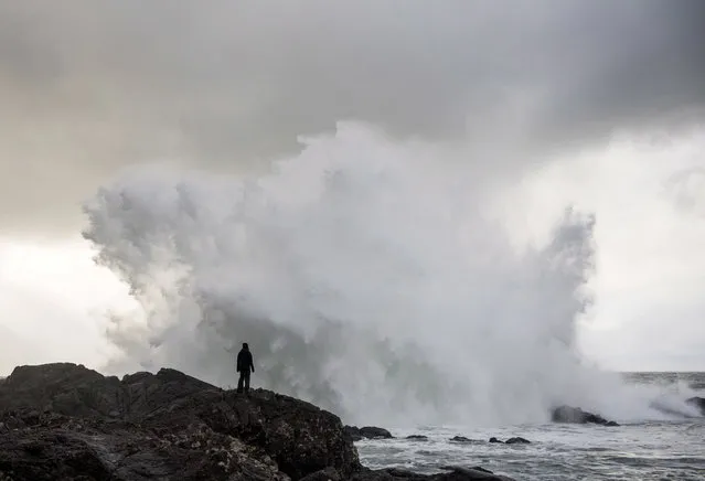 Emily Grubb watches as the swell hits the rocks at the Pacific Rim National Park in Ucluelet, British Columbia, Sunday, January 21, 2018. (Photo by Bryanna Bradley/The Canadian Press via AP Photo)