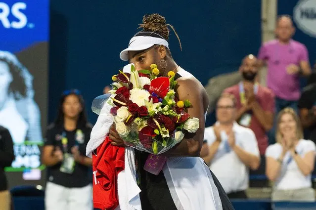 Serena Williams of the US wipes away tears after playing against Belinda Bencic of Switzerland, during the second round of the National Bank Open women's tennis tournament, in Toronto, Canada, 10 August 2022. Serena announced on August 9, 2022 the countdown to her retirement had begun from tennis after a career which brought her 23 Grand Slam singles titles. (Photo by Eduardo Lima/EPA/EFE)