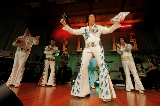 Ultimate Elvis tribute artist competitor Brendon Chase of Auckland, New Zealand reacts as he is announced the winner of the contest at the 25th annual Parkes Elvis Festival in the rural Australian town of Parkes, west of Sydney, January 14, 2017. (Photo by Jason Reed/Reuters)