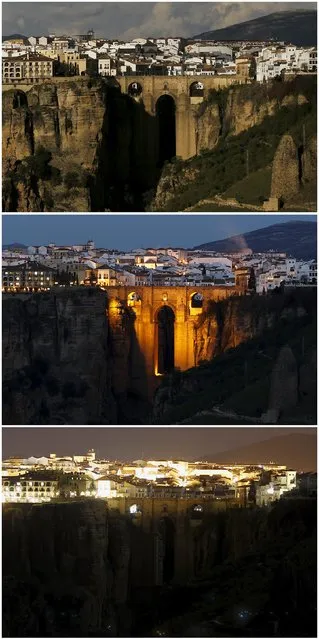A combination photo shows the “Puente Nuevo” (New Bridge) in the day (top), at night (C) and during Earth Hour in Ronda, near Malaga, southern Spain, March 19, 2016. (Photo by Jon Nazca/Reuters)