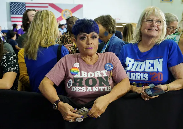 A woman wearing a T-shirt referencing Republican Florida Governor Ron DeSantis awaits the arrival of U.S. President Joe Biden to speak about abortion rights at Hillsborough Community College’s Dale Mabry campus in Tampa, Florida, April 23, 2024. (Photo by Kevin Lamarque/Reuters)