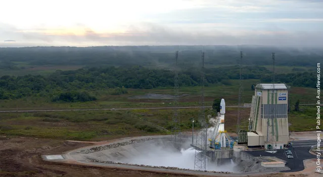 Soyuz VS01 rocket is lifts off at the European Spaceport in Kourou, French Guiana