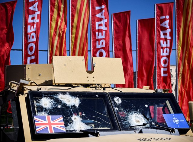 A British Husky APC, captured by Russian forces in Ukraine, is displayed at the WWII memorial complex at Poklonnya Hill western in Moscow, on May 1, 2024. The Russian Ministry of Defence opened an exhibition of samples of “Western weapons and military equipment” captured by Russian forces in Ukraine. The exhibition will last for one month. (Photo by Alexander Nemenov/AFP Photo)