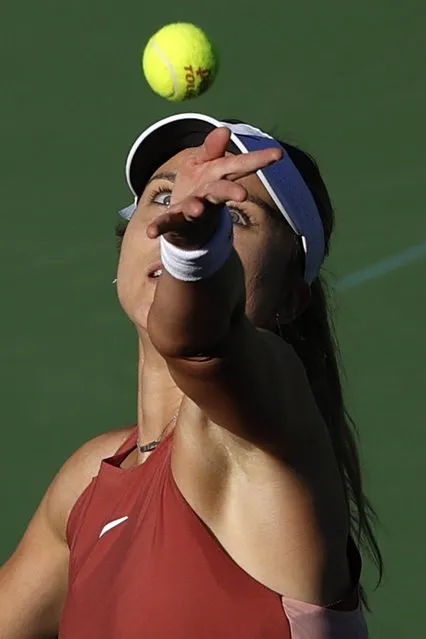 Paula Badosa of Spain tosses the ball for a serve against Tereza Martincova of the Czech Republic at the BNP Paribas Open tennis tournament at the Indian Wells Tennis Garden in Indian Wells, California, USA, 12 March 2022. (Photo by John G. Mabanglo/EPA/EFE)