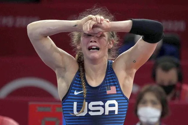 United States' Sarah Ann Hildebrandt celebrates after defeating Ukraine's Oksana Livach during their women's freestyle 50kg wrestling bronze medal match at the 2020 Summer Olympics, Saturday, August 7, 2021, in Chiba, Japan. (Photo by Aaron Favila/AP Photo)