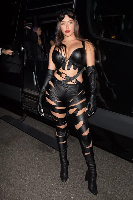 “Kylie Jenner's best friend” Stassie Baby is seen in a s*xy leather cat woman costume while leaving Paris Hilton's Halloween party in Beverly Hills, CA. on October 24, 2019. (Photo by Backgrid USA)