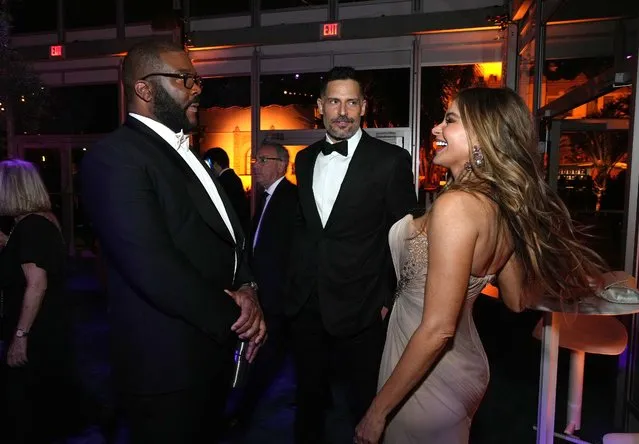 Tyler Perry, Joe Manganiello and Sofia Vergara attend the 2022 Vanity Fair Oscar Party hosted by Radhika Jones at Wallis Annenberg Center for the Performing Arts on March 27, 2022 in Beverly Hills, California. (Photo by Kevin Mazur/VF22/WireImage for Vanity Fair)