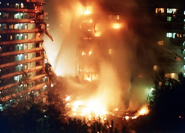 View of the two apartment buildings in Kruitberg and Groeneveen in Amsterdam that were hit by an El Al Cargo Boeing late 04 October 1992. Four crew members and 39 persons have lost their lives. (Photo by COR/ANP via AFP Photo)