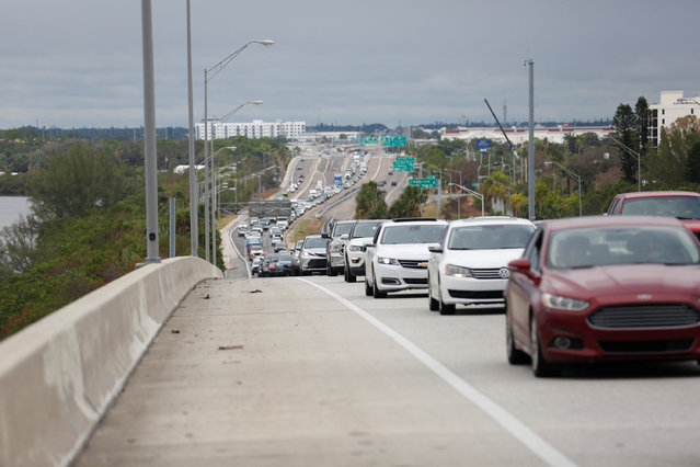 Heavy traffic begins to back up on Interstate 275 South as residents evacuate St. Petersburg, Florida, ahead of Hurricane Milton on October 7, 2024. (Photo by Octavio Jones/Reuters)