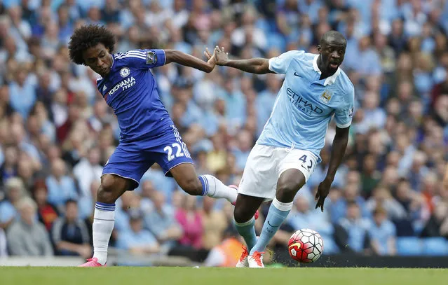 Football, Manchester City vs Chelsea, Barclays Premier League, Etihad Stadium on August 16, 2015: Chelsea's Willian in action with Manchester City's Yaya Toure. (Photo by Carl Recine/Reuters/Action Images)
