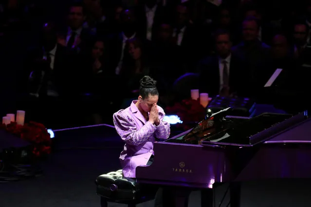 Singer Alicia Keys reacts during a public memorial for NBA great Kobe Bryant, his daughter Gianna and seven others killed in a helicopter crash on January 26, at the Staples Center in Los Angeles, California, U.S., February 24, 2020. (Photo by Lucy Nicholson/Reuters)