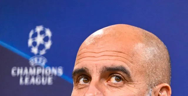 Manchester City's Spanish manager Pep Guardiola addresses a press conference on the eve of the UEFA Champions League group G football match BVB Borussia Dortmund v Manchester City, in Dortmund on October 24, 2022. (Photo by Sascha Schuermann/AFP Photo)
