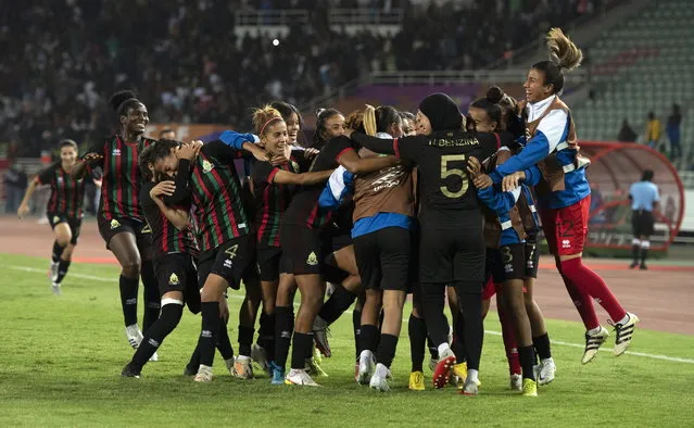 Rabat players celebrate their 2-0 lead during the CAF Women's Champions League final between FAR Rabat and Mamelodi Sundowns in Rabat, Morocco, 13 November 2022. (Photo by Jalal Morchidi/EPA/EFE)