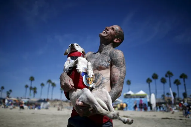 Ryan Rustan, 35, cradles his dog Sugar after Sugar competed in the Surf City Surf Dog Contest in Huntington Beach, California, United States, September 27, 2015. (Photo by Lucy Nicholson/Reuters)