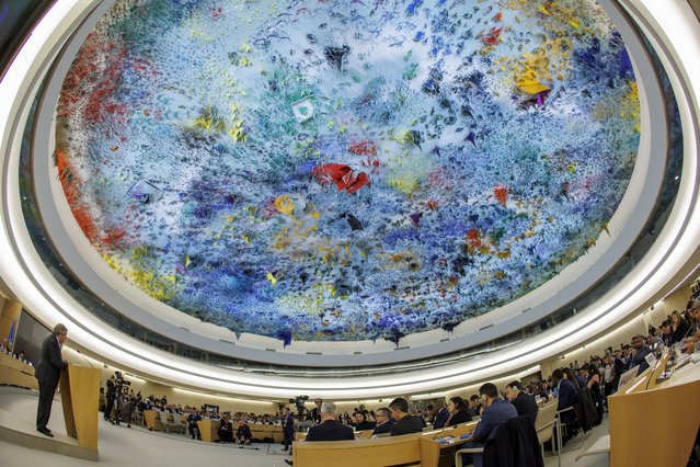 UN Secretary-General Antonio Guterres delivers his remarks, during the opening of the High-Level Segment of the 55th session of the Human Rights Council at the European headquarters of the United Nations in Geneva, Switzerland, 26 February 2024. (Photo by Salvatore Di Nolfi/EPA)