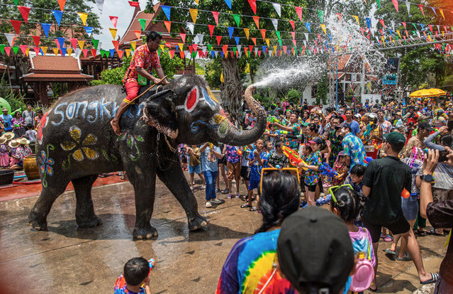 Elephants spray water on party goers during Songkran on April 13, 2025 in Phra Nakhon si Ayutthaya, Thailand. Songkran, Thailand’s traditional New Year festival, takes place each April, the hottest month of the year. During the holiday, both locals and tourists celebrate by joining in water fights across the country. In Ayutthaya, elephants sprayed revelers with water in the historic town center. (Photo by Lauren DeCicca/Getty Images)