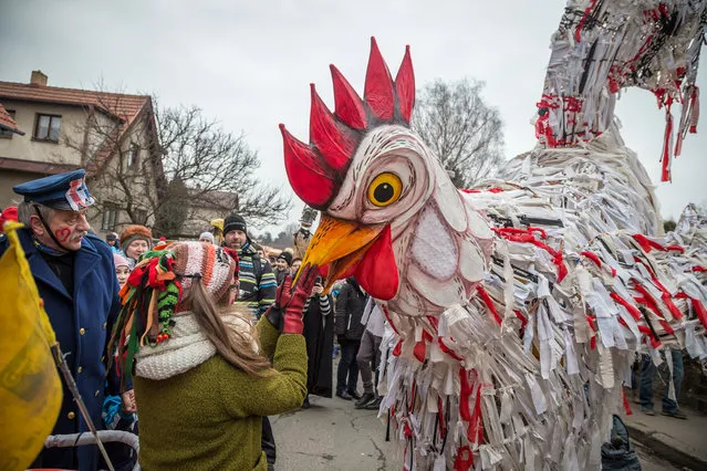 A parade participant during the traditional “Masopust Carnival” festival on February 13, 2018 in Roztoky near Prague, Czech Republic. Known as Masopust (literally, “giving up meat”), the festival was traditionally the last chance to eat and drink in excess before the austerity of Lent. (Photo by Margot Buff/RFE/RL)