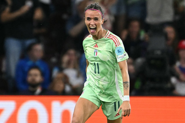 Italy's forward #11 Barbara Bonansea celebrates after scoring a goal during the UEFA Women's Euro 2025 semi-final football match between England and Italy at the Stade de Geneve in Geneva, on July 22, 2025. (Photo by Sebastien Bozon/AFP Photo)