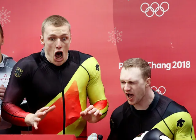 Francesco Friedrich and Thorsten Margis of Germany celebrate winning joint gold during the Men's 2-Man Bobsleigh on day 10 of the PyeongChang 2018 Winter Olympic Games at Olympic Sliding Centre on February 19, 2018 in Pyeongchang-gun, South Korea. (Photo by Arnd Wiegmann/Reuters)