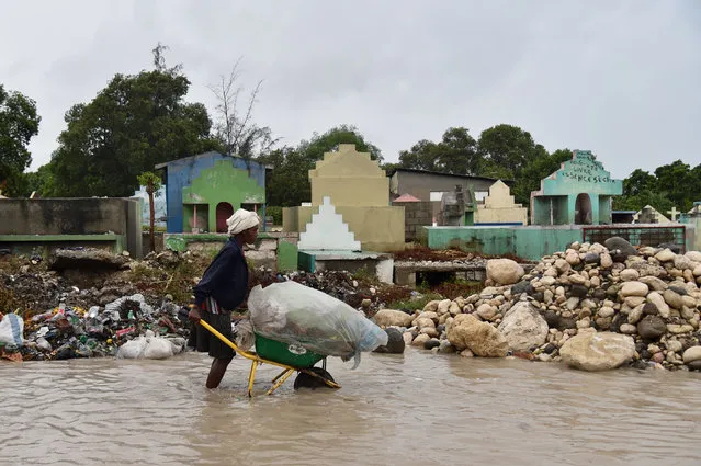 A woman pushes a wheelbarrow while walking in a partially flooded street, in the Haitian capital, Port-au-Prince, on October 4, 2016. Hurricane Matthew made landfall in southwestern Haiti early Tuesday, crashing ashore as a powerful Category Four storm, US weather forecasters said. The National Hurricane Center said Matthew made landfall as an “extremely dangerous” storm near the village of Les Anglais at around 7 am (11:00 GMT) with maximum sustained winds of around 145 miles (230 kilometers) per hour. (Photo by Hector Retamal/AFP Photo)