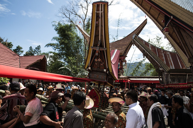 Villagers and relatives gather as  they prepare for a parade during the Rambu Solo of V.T Sarangullo in La'Bo village, Toraja, South Sulawesi, Indonesia on August 24, 2016. After the animals are killed, a feast is thrown and the body of the deceased placed into a stone grave, or Liang. (Photo by Agung Parameswara/The Washington Post)