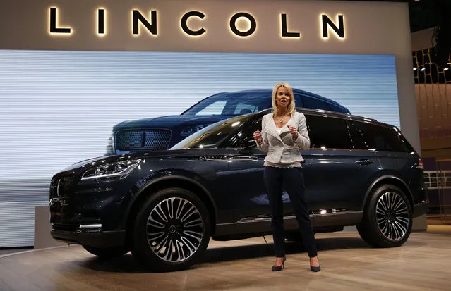 Joy Falotico, Group Vice President, Lincoln Motor Company, and Chief Marketing Officer, speaks next to the 2019 Lincoln Aviator at the New York Auto Show in the Manhattan borough of New York City, New York, U.S., March 28, 2018. (Photo by Brendan McDermid/Reuters)