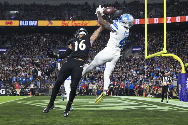 Detroit Lions cornerback DJ. Reed (4) breaks up a pass intended for Baltimore Ravens wide receiver Tylan Wallace (16) during the second half of an NFL football game Monday, September 22, 2025, in Baltimore. (Photo by Nick Wass/AP Photo)
