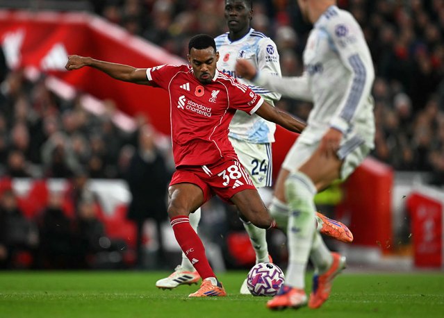 Liverpool's Dutch midfielder #38 Ryan Gravenberch scores his team's second goal during the English Premier League football match between Liverpool and Aston Villa at Anfield in Liverpool, north west England on November 1, 2025. (Photo by Paul Ellis/AFP Photo)