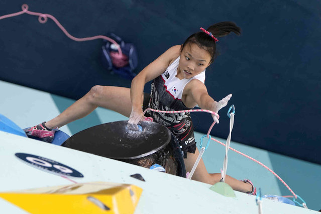 Seo Chaehyun of South Korea competes in the women's boulder and lead semifinal, during the sport climbing competition at the 2024 Summer Olympics, Thursday, August 8, 2024, in Le Bourget, France. (Photo by Christophe Ena/Pool via AP Photo)
