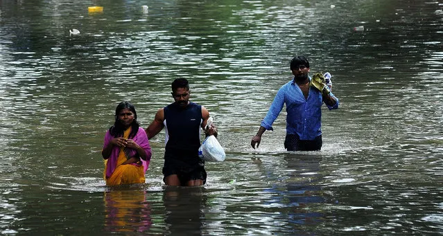 A man leads an elderly woman past a flooded street in a residential area in Chennai, in the southern Indian state of Tamil Nadu, Wednesday, December 2, 2015. Weeks of torrential rains have forced the airport in the state capital Chennai to close and have cut off several roads and highways, leaving tens of thousands of people stranded in their homes, government officials said Wednesday. (Photo by AP Photo)