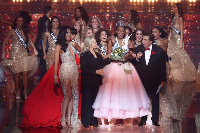 Newly elected Miss France 2025 Angelique Angarni-Filopon celebrates winning the Miss France 2025 beauty pageant at the Arena Futuroscope in Chasseneuil-du-Poitou, central-western France, on December 14, 2024. (Photo by Romain Perrocheau/AFP Photo)