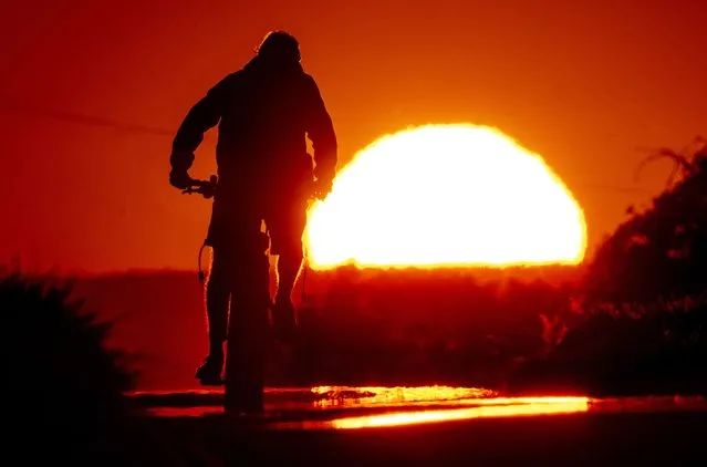 A man rides a bike on a small road on the outskirts of Frankfurt, Germany, as the sun rises on Friday, July 7, 2023. (Photo by Michael Probst/AP Photo)