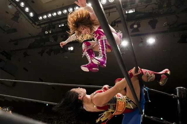 Wrestler Kairi Hojo jumps at her opponent Mieko satomura during their Stardom female professional wrestling show at Korakuen Hall in Tokyo, Japan, July 26, 2015. Professional women's wrestling in Japan means body slams, sweat, and garish costumes. But Japanese rules on hierarchy also come into play, with a culture of deference to veteran fighters. The brutal reality of the ring is masked by a strong fantasy element that feeds its popularity with fans, most of them men. (Photo by Thomas Peter/Reuters)