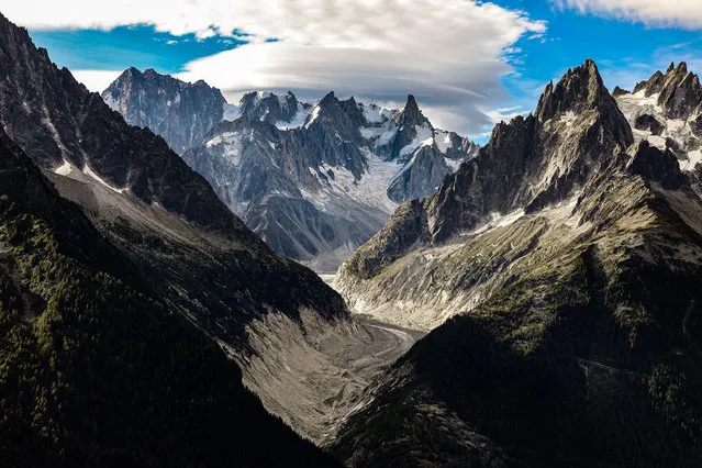 Panoramic view of the Mer de glace glacier located in the mont-blanc Mont-Blanc massif, which is in the French department of Haute-Savoie on August 26, 2020. Since 2003, the melting of glaciers has accelerated in the Alps and in the Mont-Blanc massif, leading to a strong decrease of the glacial surfaces. The glaciers in the Alps are likely to melt by more than 90% by the end of the century if nothing is done to reduce the greenhouse gas emissions responsible for global warming. (Photo by Konrad K./SIPA Press/Rex Features/Shutterstock)
