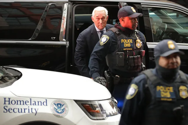 Roger Stone, a longtime adviser to President Donald Trump, arrives at the Prettyman United States Courthouse before facing charges from Special Counsel Robert Mueller that he lied to Congress and engaged in witness tampering January 29, 2019 in Washington, DC. A self-described “political dirty-trickster,”'Stone said he has been falsely accused and will plead “not guilty”. (Photo by Chip Somodevilla/Getty Images)