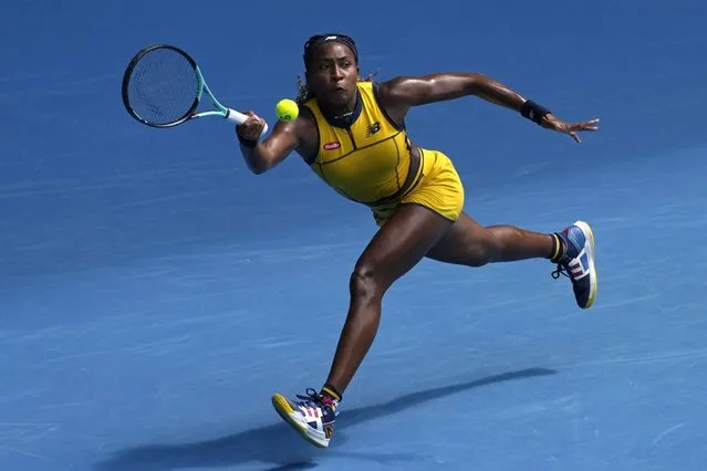 Coco Gauff of the U.S. plays a forehand return to compatriot Caroline Dolehide during their second round match at the Australian Open tennis championships at Melbourne Park, Melbourne, Australia, Wednesday, January 17, 2024. (Photo by Andy Wong/AP Photo)