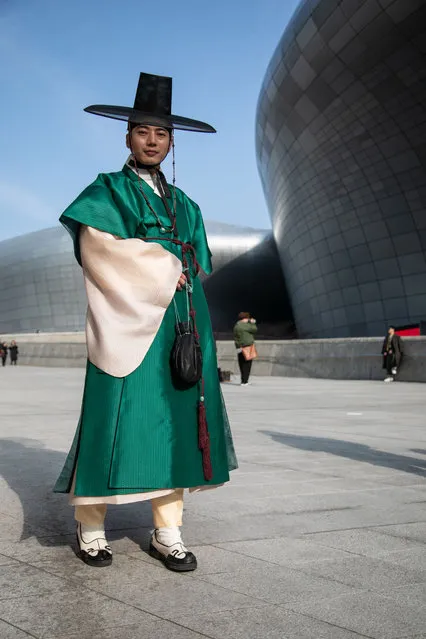 Kim Hyun-jin wears a gat, a traditional Korean hat, and a men's traditional Korean outfit by Yein during Seoul Fashion Week F/W 2024 on February 1, 2024 in Seoul, South Korea. (Photo by Jean Chung/Getty Images)
