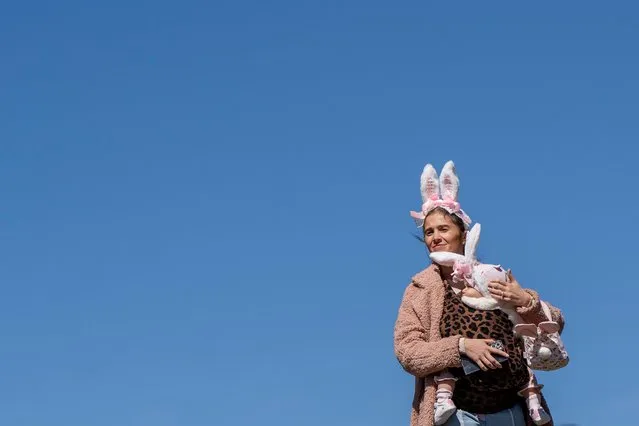 Ankelena Mahmuti and her daughter Nolita Mahmuti wear bunny ears during the Easter egg hunt at Parsons Pond Park in Franklin Lakes, N.J. on March 30, 2024. (Photo by Anne-Marie Caruso/USA Today Network)
