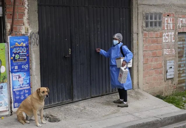 A healthcare worker knocks on the door of a house during a door-to-door COVID-19 vaccination campaign, in La Paz, Bolivia, Sunday, January 16, 2022. (Photo by Juan Karita/AP Photo)