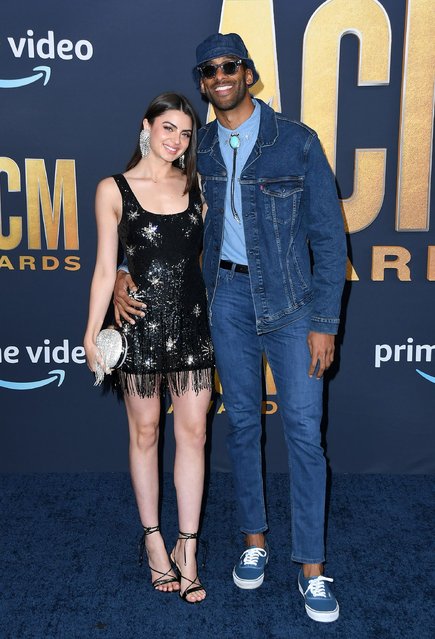 (L-R) Graphic designer Rachael Kirkconnell and  American TV personality Matt James attend the 57th Academy of Country Music Awards at Allegiant Stadium on March 07, 2022 in Las Vegas, Nevada. (Photo by Mindy Small/WireImage)
