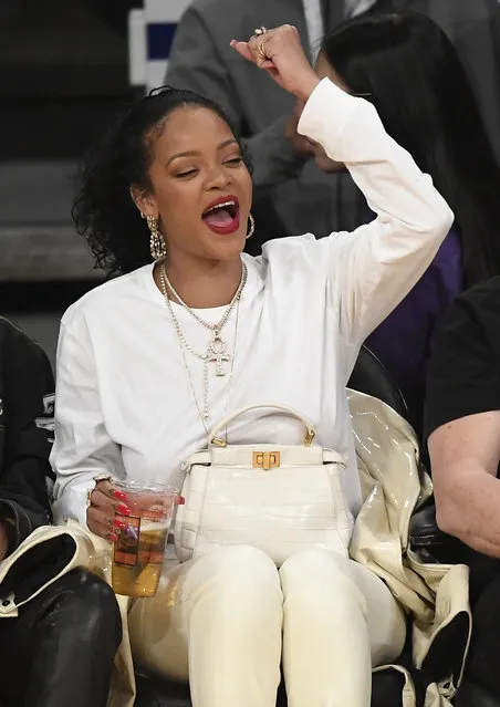 Rihanna attends a basketball game between the Los Angeles Lakers and the Utah Jazz at the at Staples Center on October 25, 2019 in Los Angeles, California. (Photo by Kevork S. Djansezian/Getty Images)